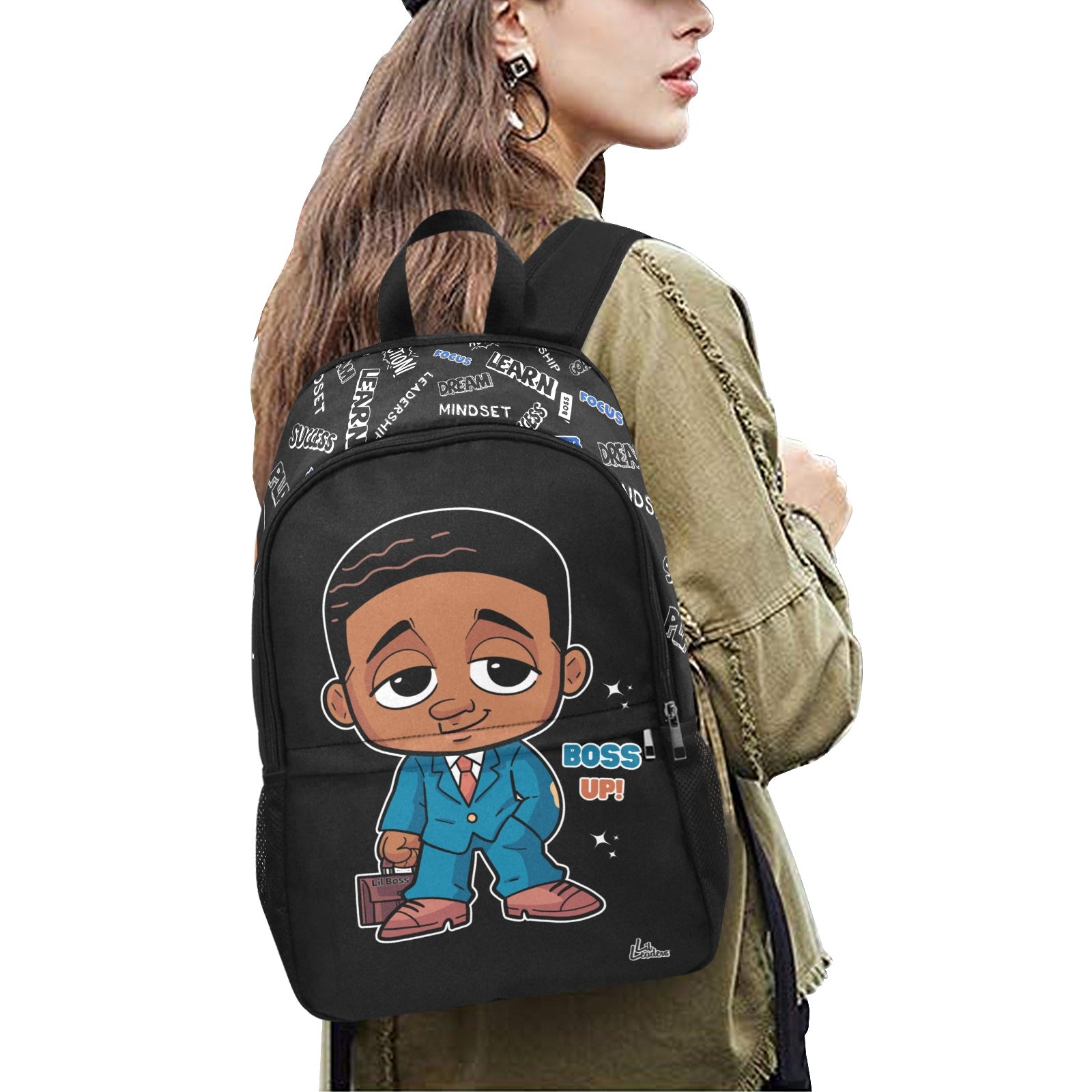 Lil Leaders Backpack - Boys - Boss Up - (Black) All-Over Print Unisex Casual Backpack with Side Mesh Pockets (Model 1659)