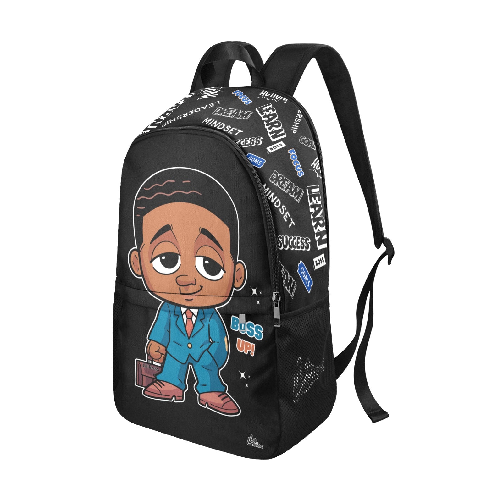 Angled front view of Lil Boss™ Boss Up black kids backpack featuring young leader artwork, zipper compartments, and side mesh pocket.